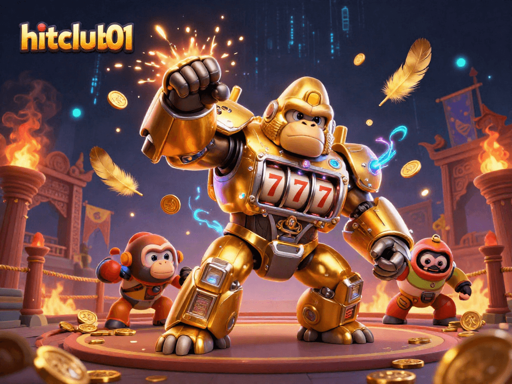 Experience the thrill with hitclub01's gaming ambiance featuring a transformer-style golden gorilla mech.