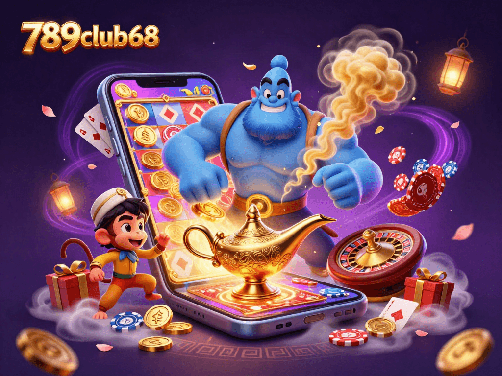 Spin slots and win with 789club68 in this vibrant 3D casino scene featuring a genie and poker chips.