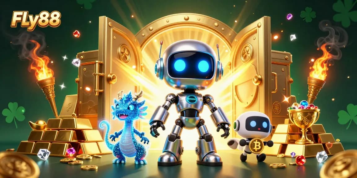 Experience the thrill of FLy88's dynamic casino world with futuristic characters and treasure elements.