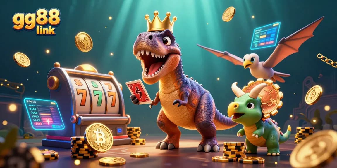 Engage with the gg88 link in a vibrant casino scene featuring a T-Rex and friends with golden chips.