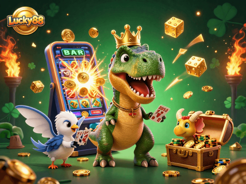 Experience Lucky88 with a vibrant scene of a T-Rex shuffling cards and casino elements showcasing a jackpot.