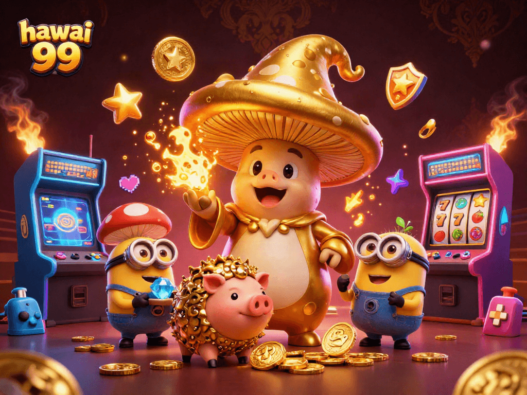 Experience the magic of hawai 99 in this vibrant casino illustration featuring golden characters and dynamic game elements.