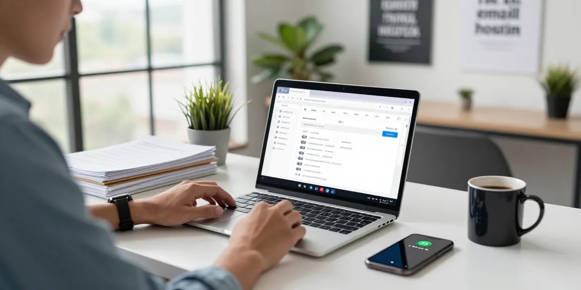 Email Hosting productivity scene with professional at a desk, showcasing email client setup and modern workspace elements.