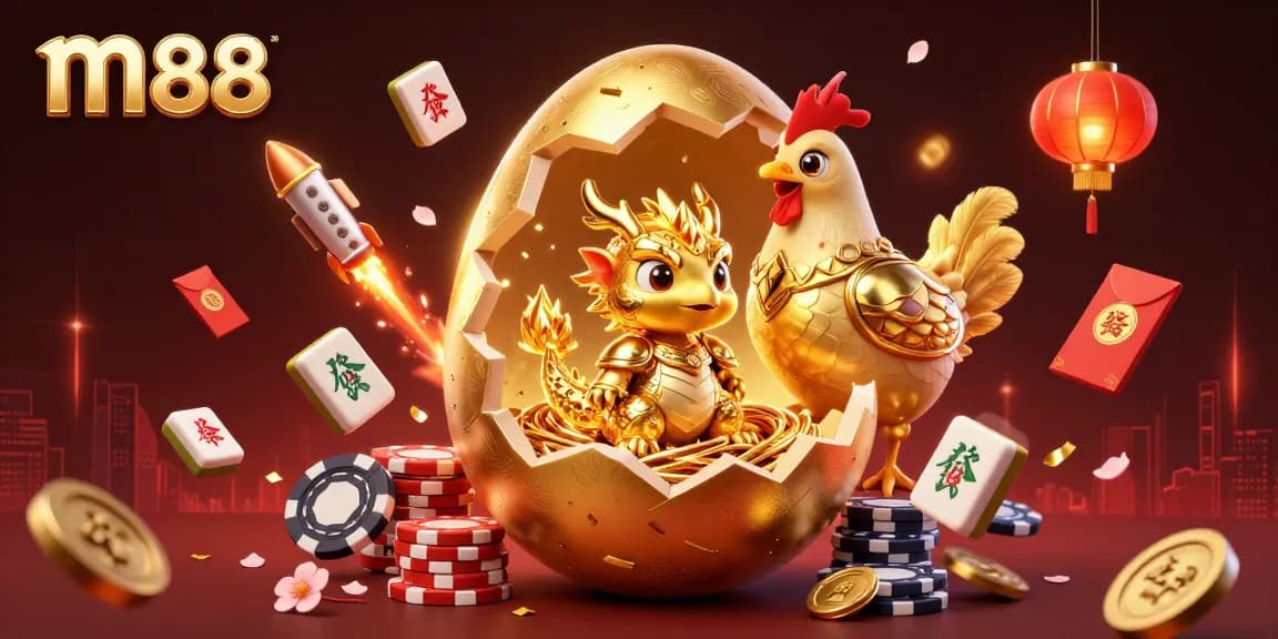 Experience thrilling wins with m88 as a golden dragon emerges from a nest of poker chips.