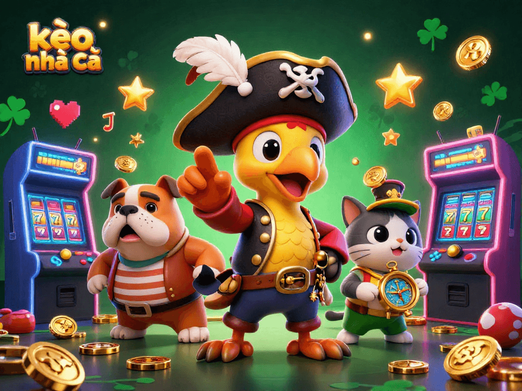 Engage with kèo nhà cái in this vibrant casino scene featuring a pirate captain and friends.