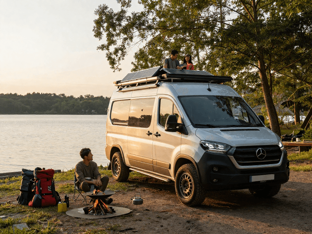 Traveler enjoying van life at a campsite, showcasing rokok 88 electric upgrade setup.