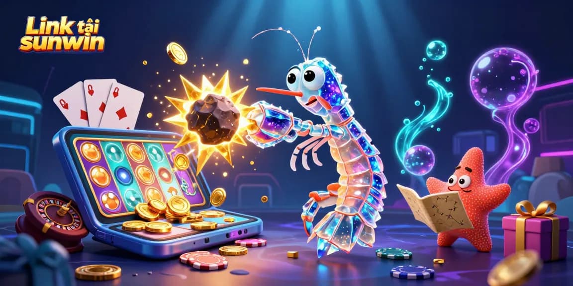 Experience exciting gaming moments with Link tải sunwin as the shrimp battles for golden gems amidst vibrant slot symbols.