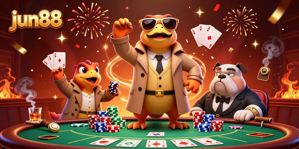 Engage in thrilling gameplay at jun88's poker tables with dynamic characters and vibrant casino elements.