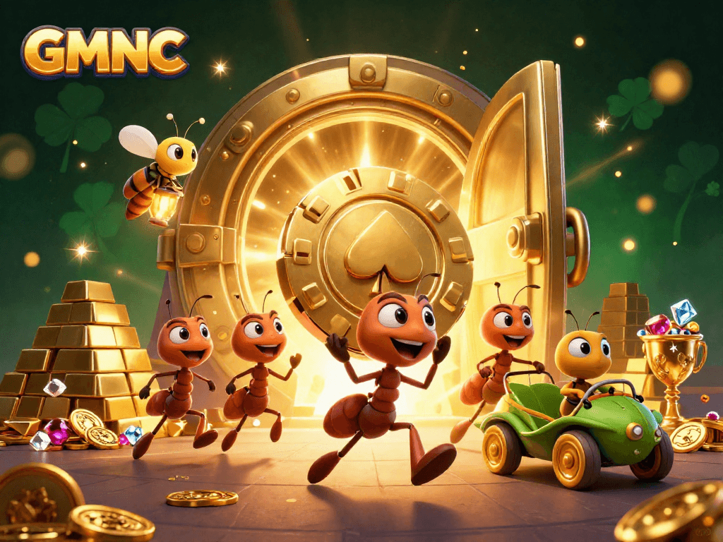 GMNC illustrated heist scene with ants carrying a giant poker chip and sparkling treasures