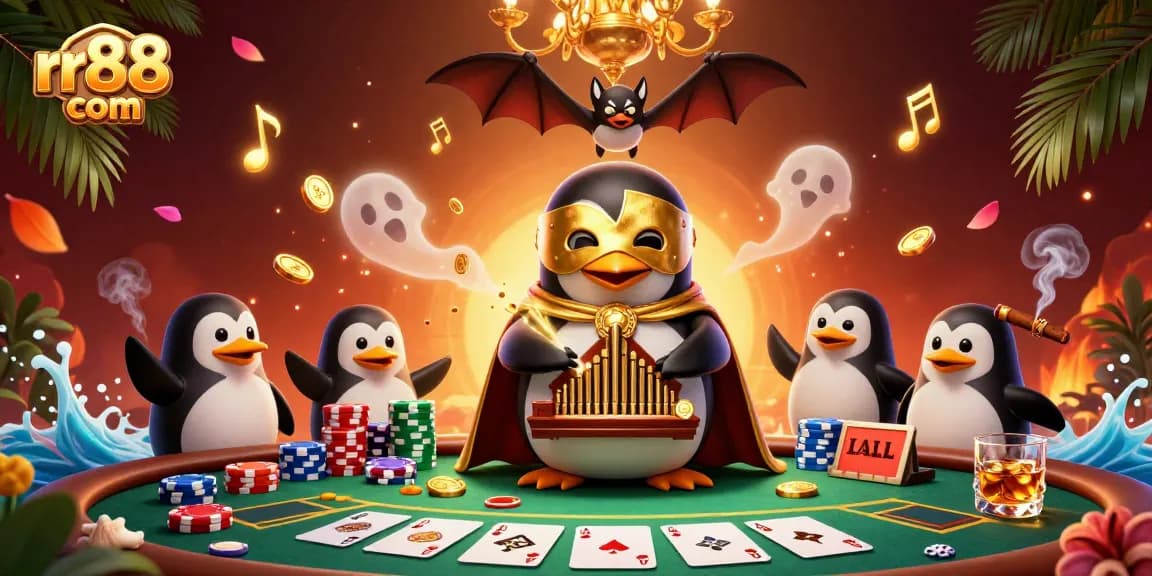 Experience the thrill of rr88 com as the phantom penguin creates a golden coin spectacle amidst poker action.