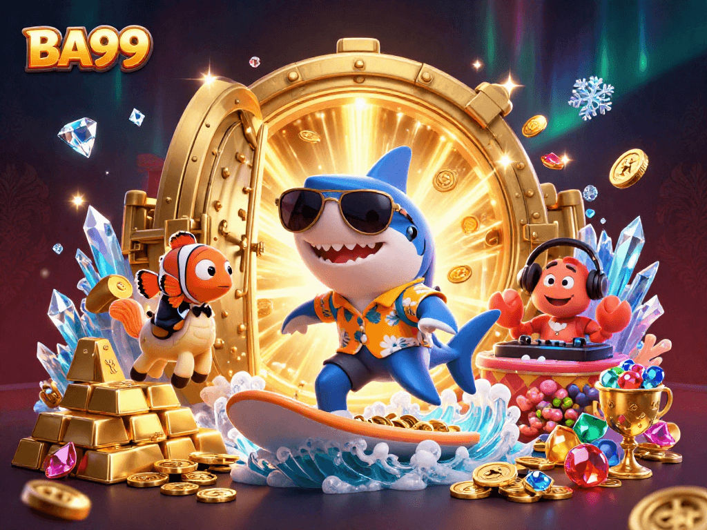 Join the fun at BA99 with a lively jackpot scene of cartoon characters on gold coins, showcasing excitement and vibrant casino gaming.