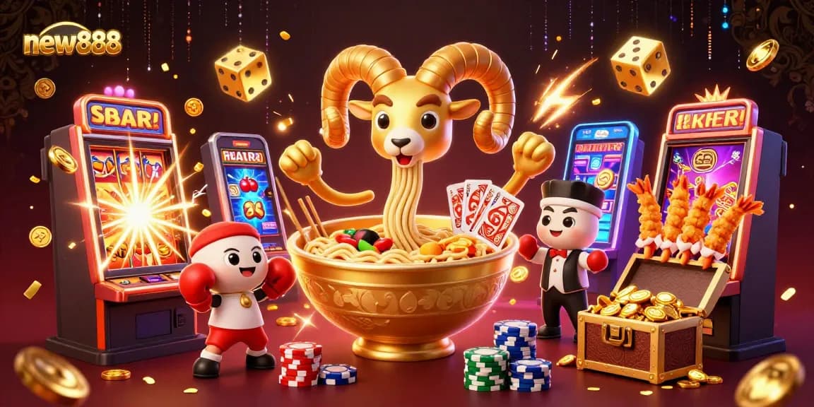 Engage with new888 for incredible wins with vibrant 3D cartoon characters in a lively casino scene.