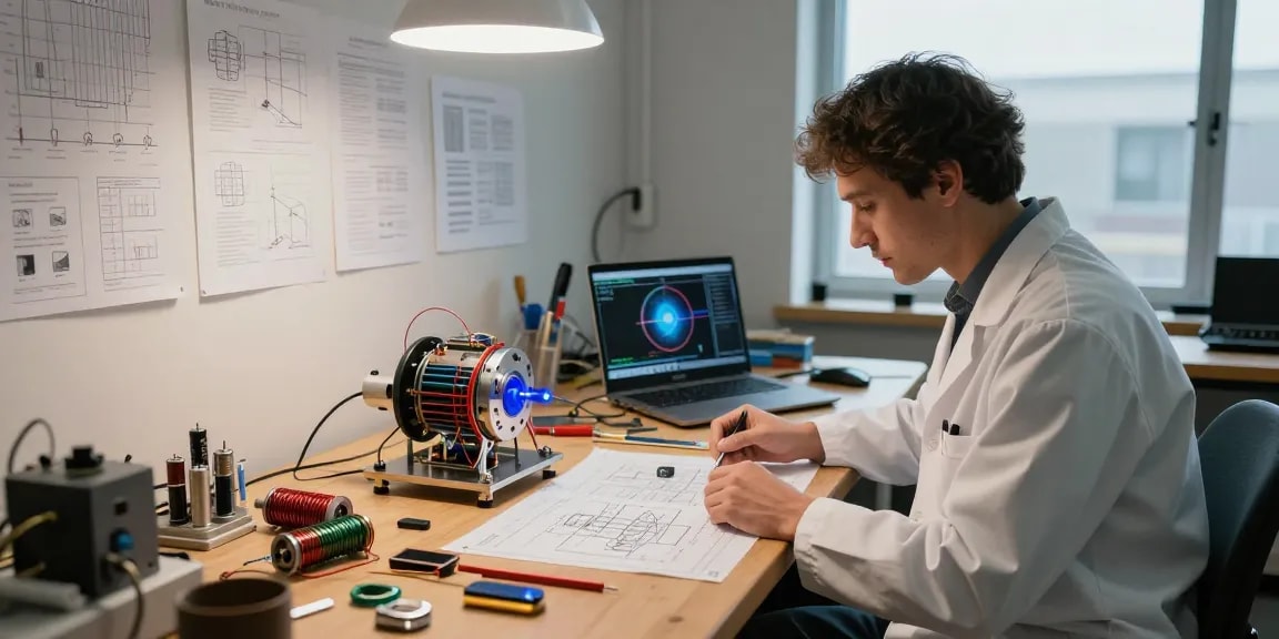 Engineer examining blueprints for a zero point energy generator in a creative workshop.
