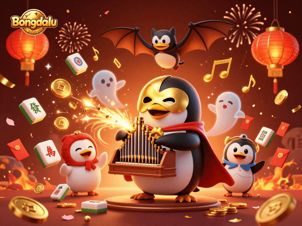 Bongdalu immerses players in a vibrant casino atmosphere with a penguin organist amidst golden coins & festive elements.