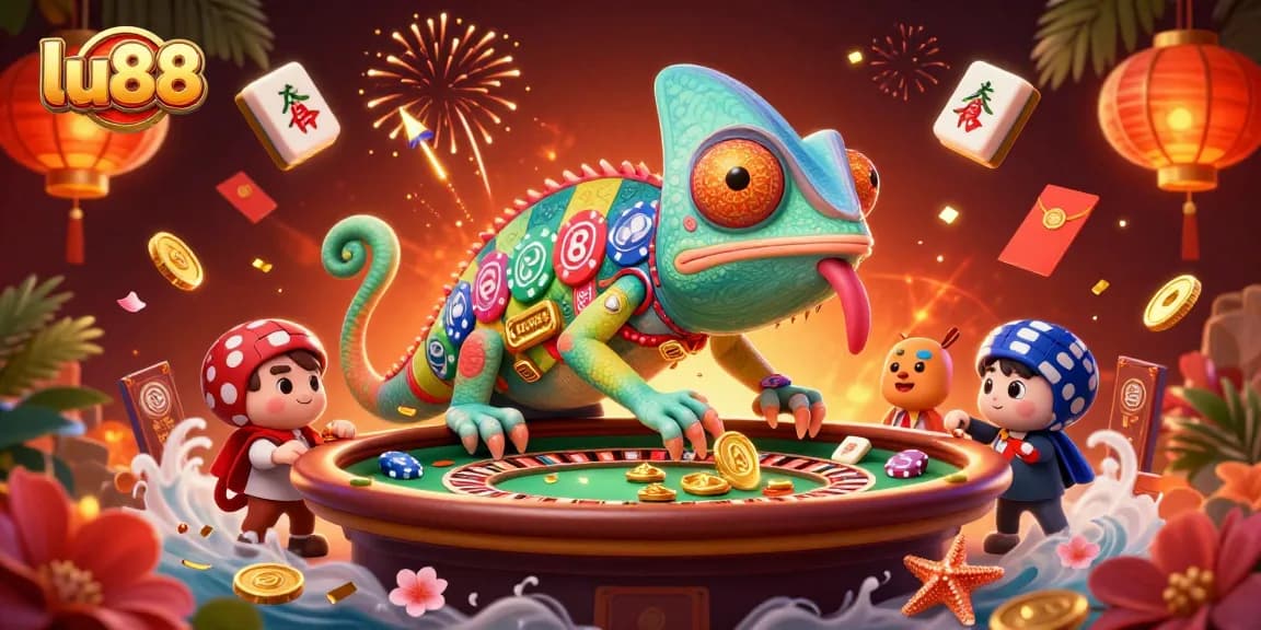 Experience the vibrant world of lu88 as the chameleon owner captures coins in a dynamic casino scene.