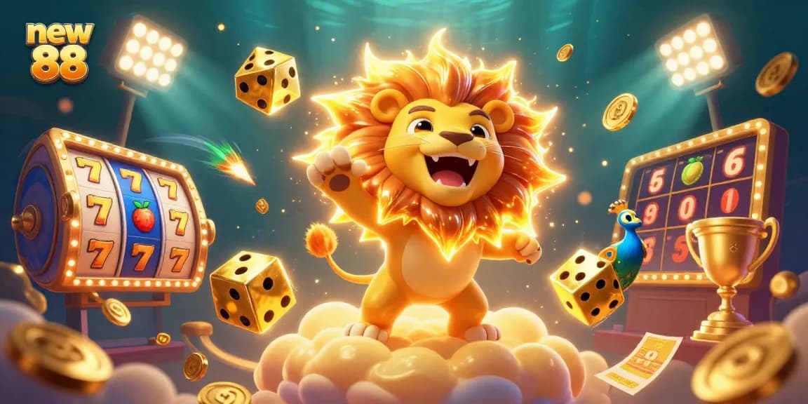 Engage with new 88 as the roaring sun lion oversees a vibrant casino scene full of exciting game elements.