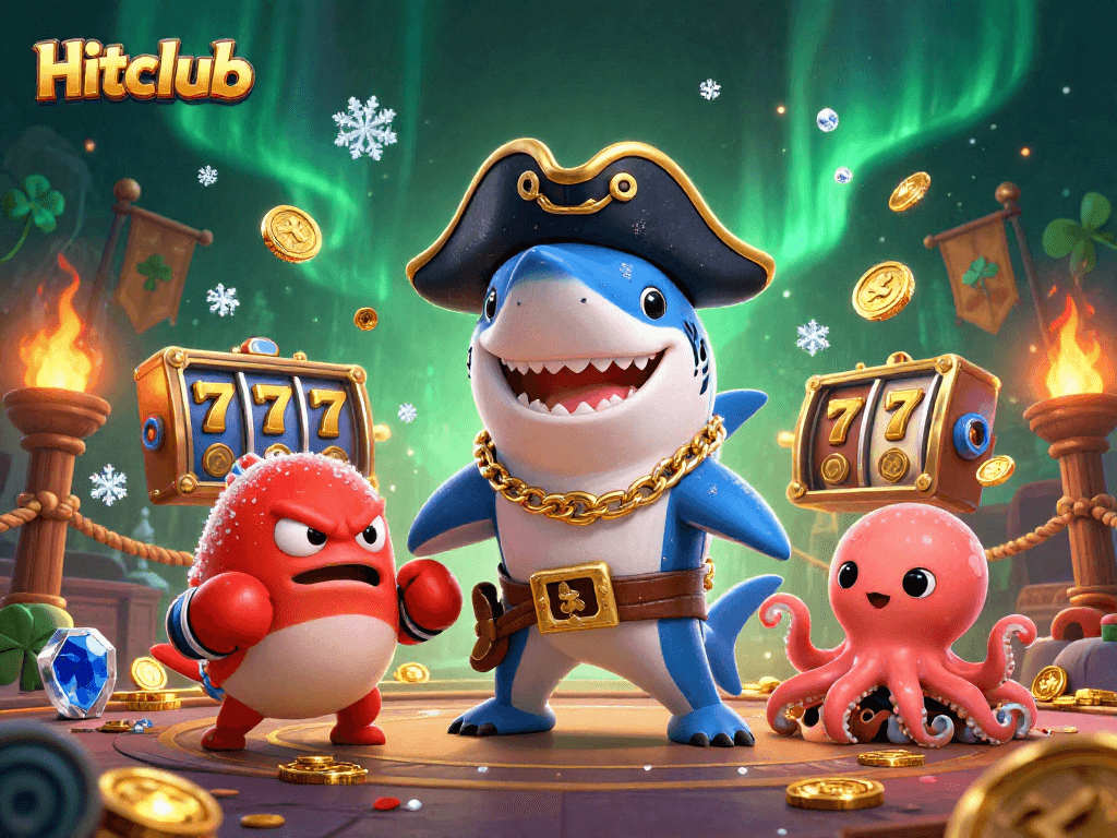 Hitclub showcases a vibrant scene with a pirate shark and friends in a thrilling online casino.