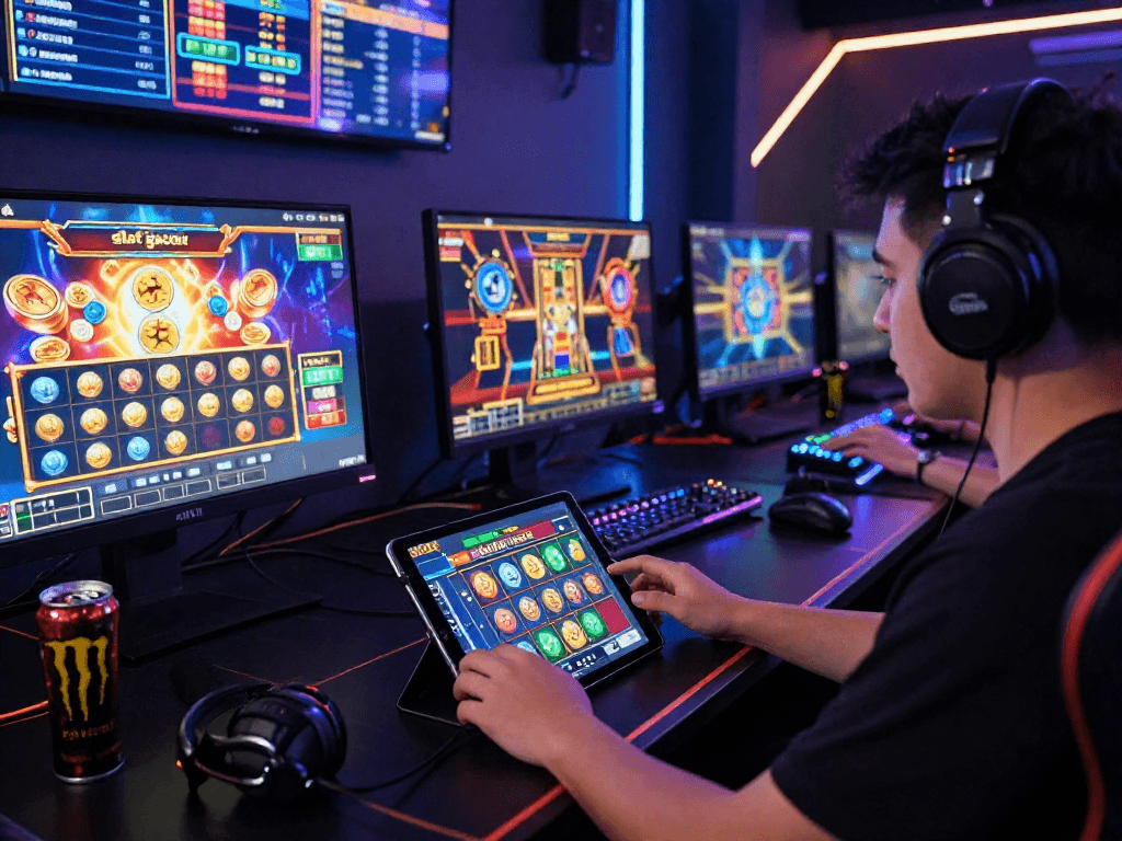 Engaging online gaming scene showcasing 'slot gacor' with colorful screens, gaming gear, and vibrant atmosphere.
