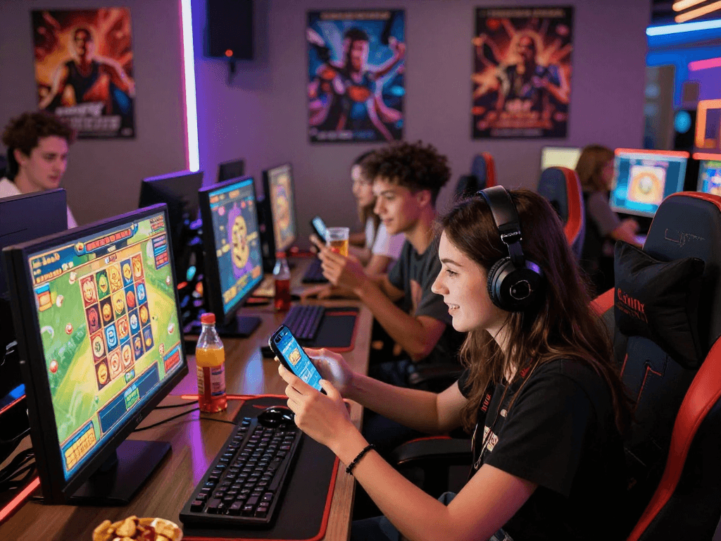 Exciting gacor online slot gaming experience in a lively digital lounge with diverse players.
