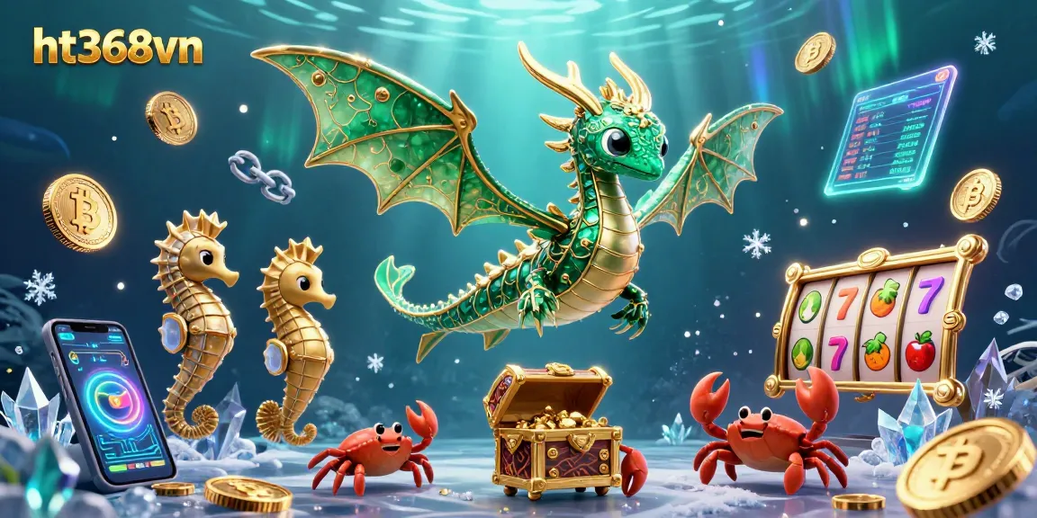 Engage with ht368vn's dynamic casino adventure filled with emerald sea dragons, treasure chests, and vibrant gaming elements.