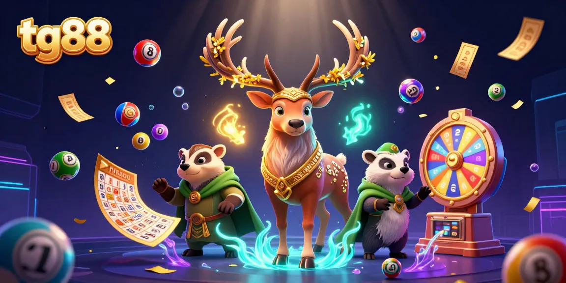 Engage in the thrill of tg88 with a magical 3D lottery scene bursting with energy and vibrant colors.