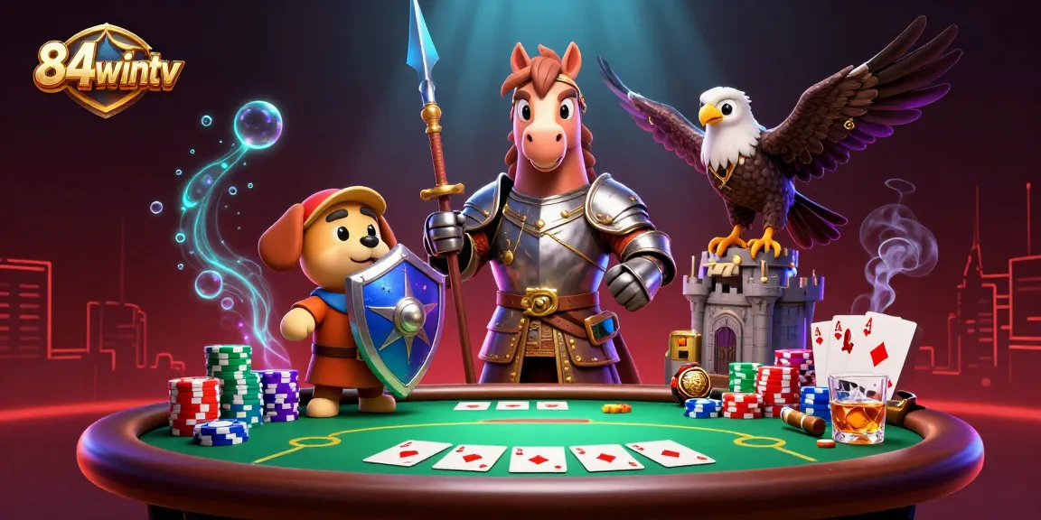Experience the thrill of poker at 84wintv with a knight, squire, and falcon in a vibrant casino scene.