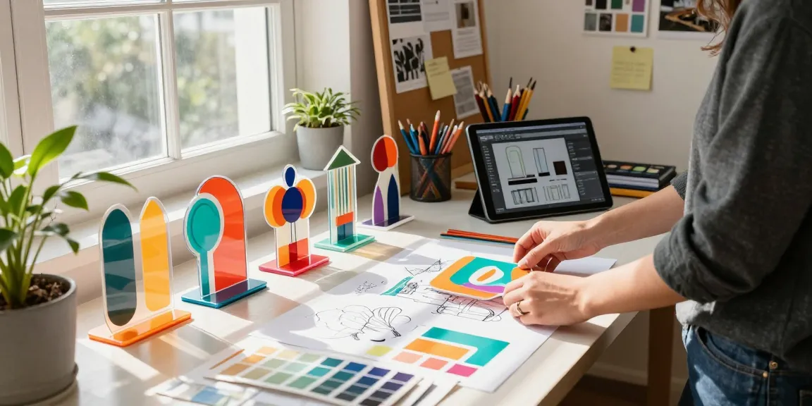 Custom acrylic standee designs displayed on a designer's desk, showcasing creativity in an inspiring workspace.