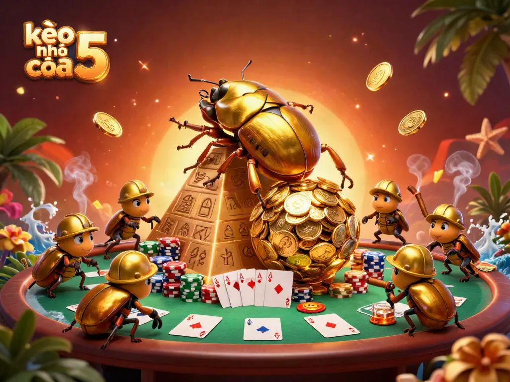 Engage with kèo nhà cái 5 as a golden beetle rolls coins up a pyramid in this vibrant casino illustration.