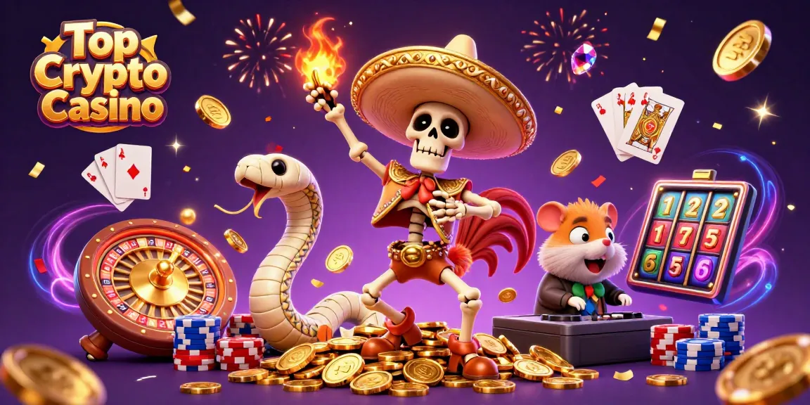 Engaging illustration of Top Crypto Casino with vibrant characters, golden coins, and festive elements