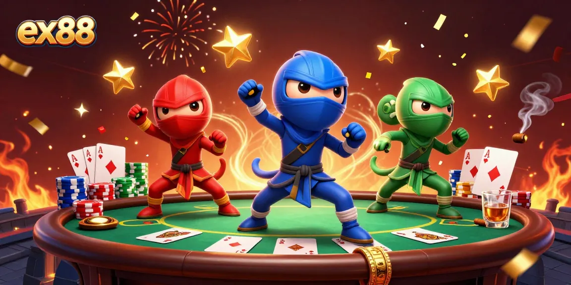 Experience exhilarating gameplay with ex88 as ninja chameleons compete at a lively poker table.