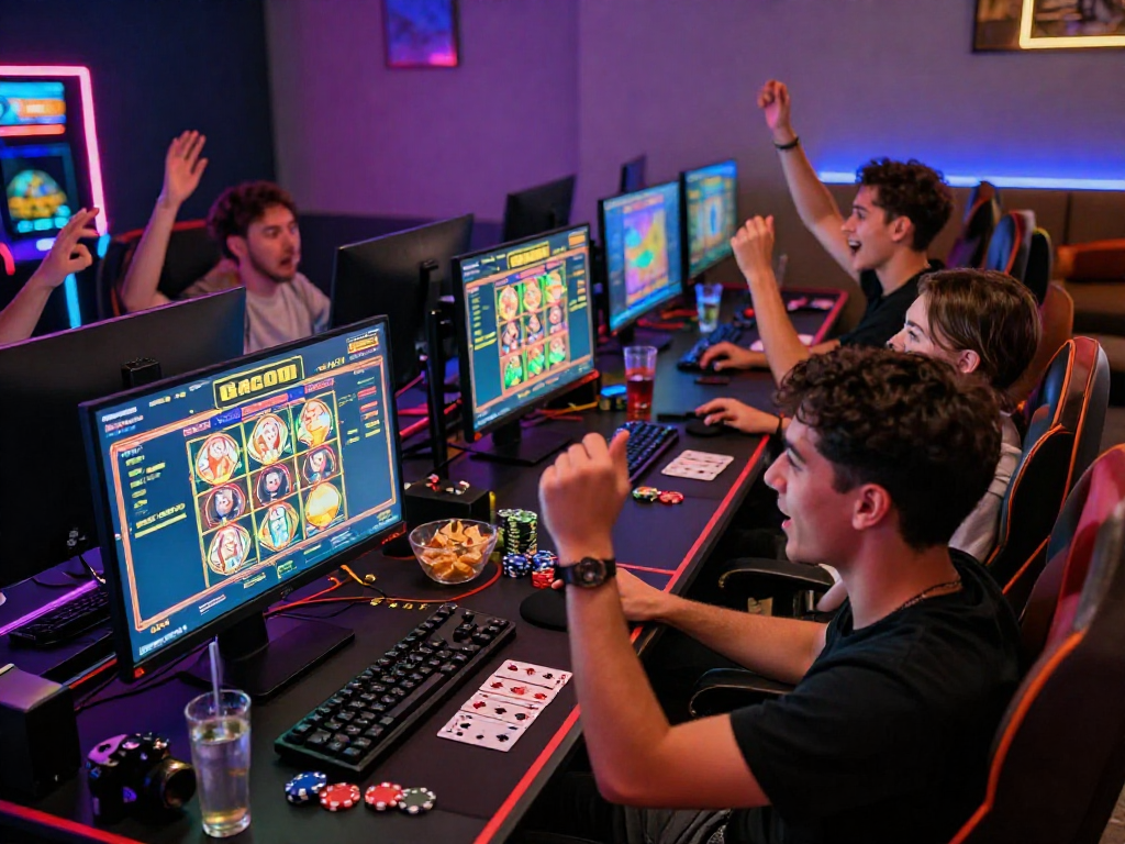 Group celebrating a slot gacor win at a vibrant online gaming setup.