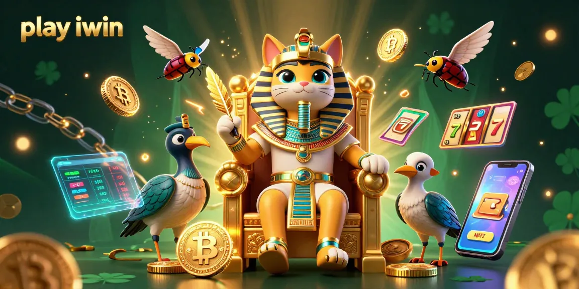 Play iwin in a vibrant casino scene with Egyptian-themed characters and dynamic slot elements.
