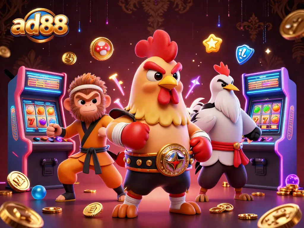 Engage with ad88's vibrant casino atmosphere featuring a Muay Thai rooster and a Shaolin monkey amidst exciting slot games.