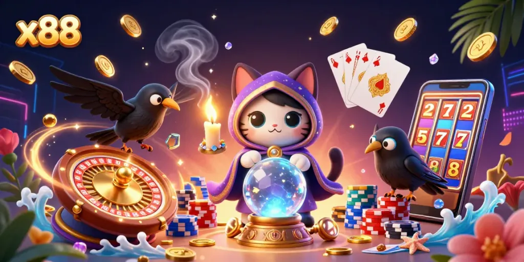 Engage in x88 casino adventures with a mystical fortune teller, raven, and vibrant game elements.