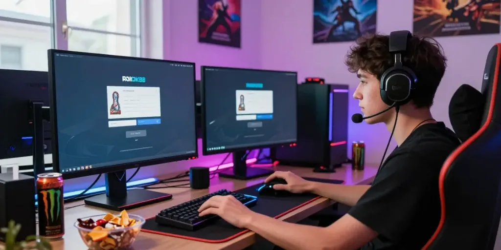 Engaging gamer using the rokok88 login interface on a modern setup, with vibrant RGB lighting.
