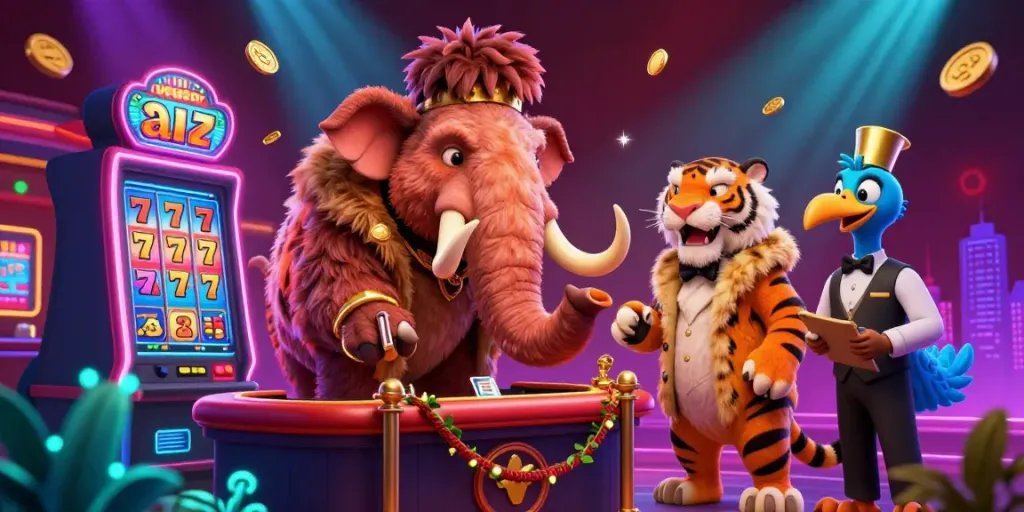 Experience the vibrant dewacair casino scene with playful characters among slot reels and dynamic game elements.