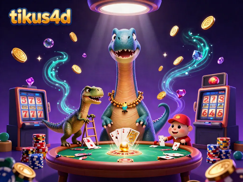 Bermain dengan tikus4d di kasino online, dikelilingi koin emas dan kartu raksasa.