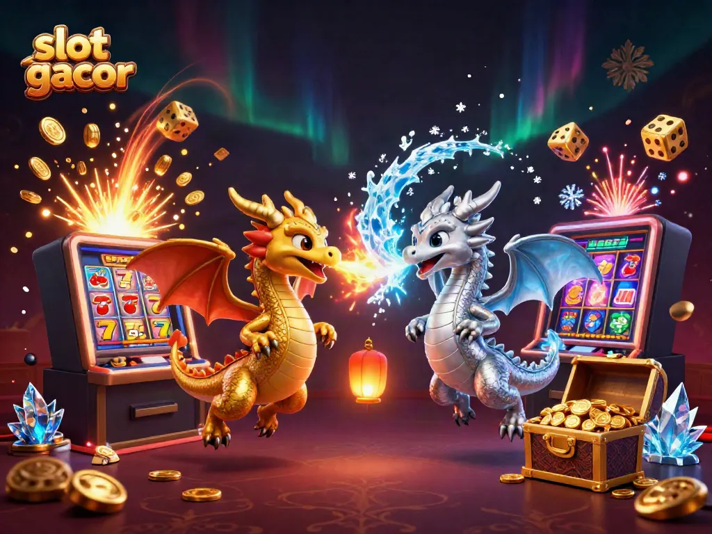Engage with slot gacor adventures featuring dynamic dragons and a jackpot explosion in a vibrant casino scene.
