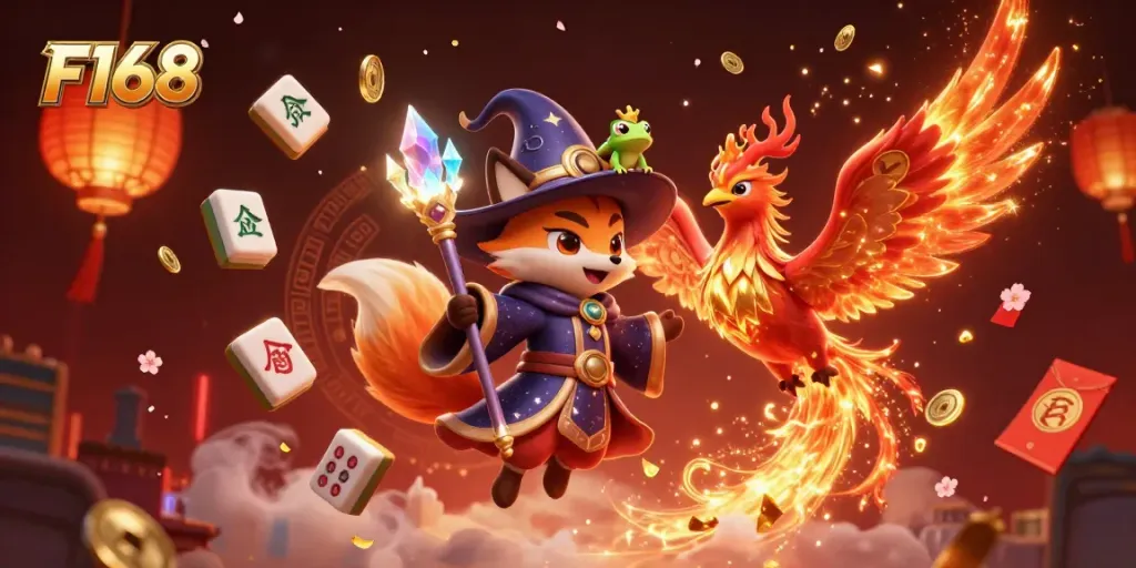 Experience the excitement of F168 with mystical characters and floating games in a vibrant casino environment.