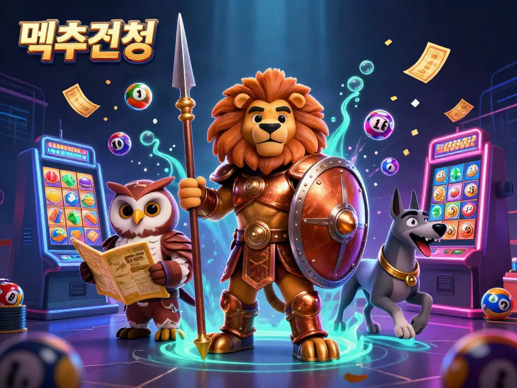 Experience 먹튀검증 in an ultra-detailed scene with a lion warrior amidst dynamic slot symbols and vibrant visuals.