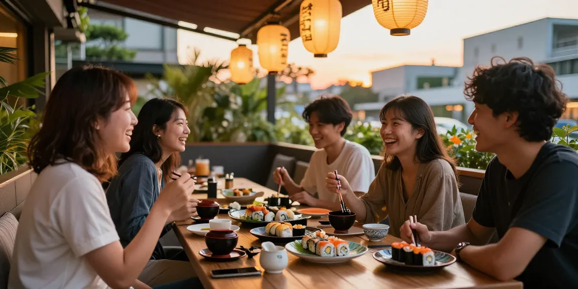 Friends sharing sushi and enjoying rokok 88 in a cozy outdoor setting.