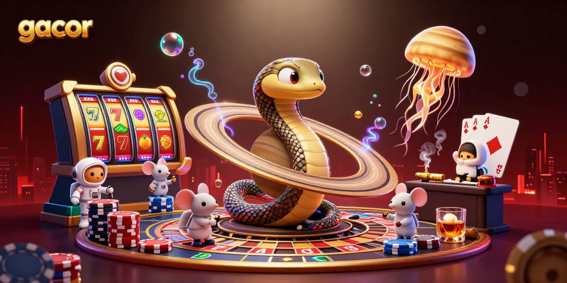 Experience gacor slots in this vibrant 3D scene with cosmic dealers and betting mice.