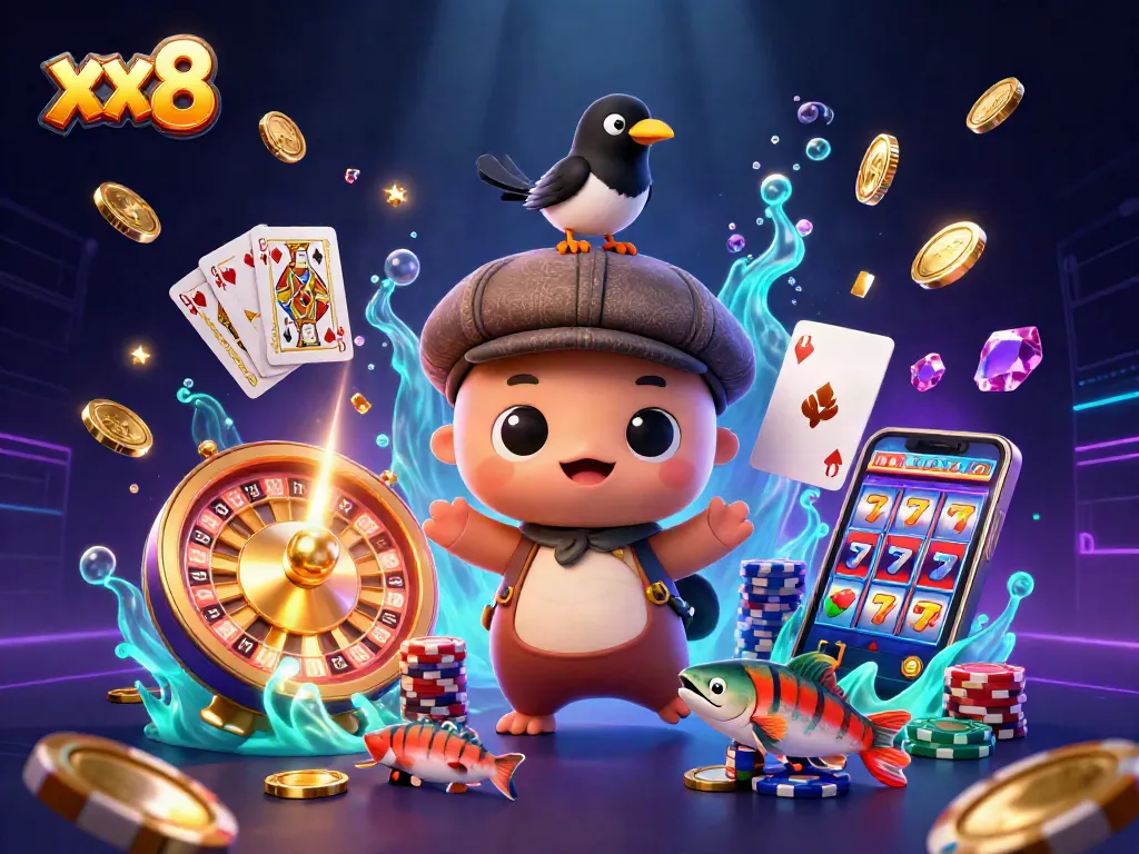 Experience the thrill of winning with xx8's immersive casino illustration featuring lively characters.