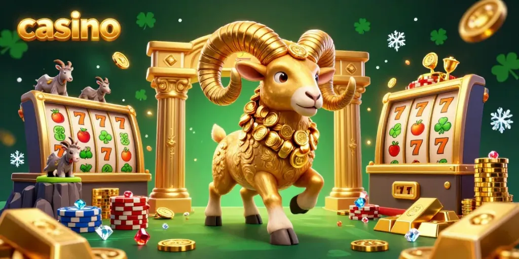 Experience the excitement of a casino with a golden ram charging through dynamic slot reels and sparkling treasures.