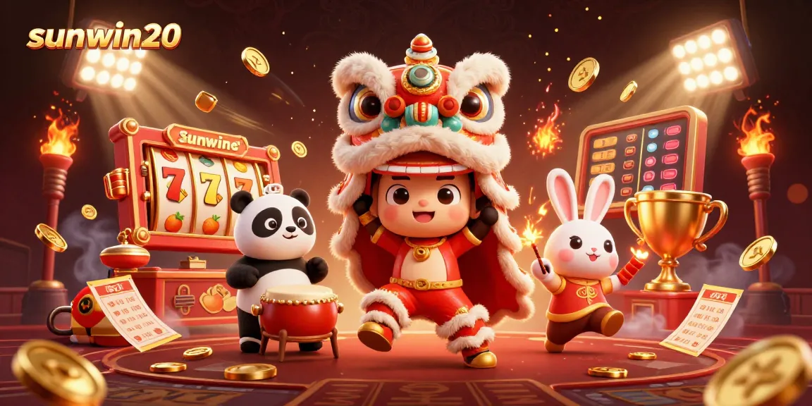 Win big with sunwin20 in a vibrant 3D casino scene filled with lucky fruits and slot reels.