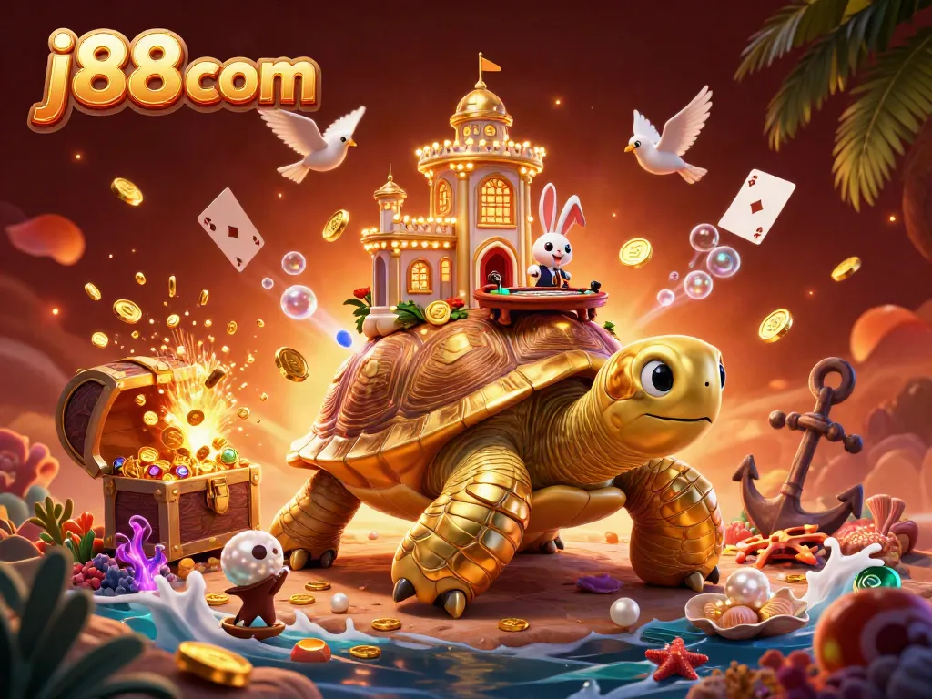 Experience excitement with j88 com's vibrant casino illustration featuring gold coins, cards, and a festive atmosphere.