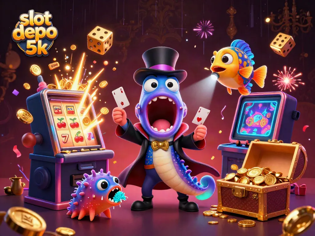Engage with slot depo 5k through a magical 3D illustration of sea creatures performing tricks, surrounded by casino elements.