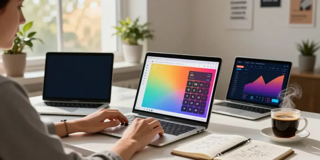 Calculator Online used in a modern home office with stylish decor and a user calculating finances.