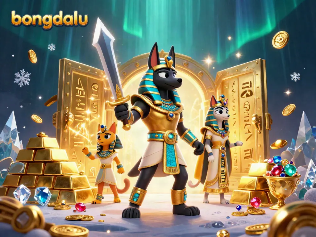 Engaging in thrilling gambling action with bongdalu as Anubis and Bastet shine amidst a treasure-filled scene.
