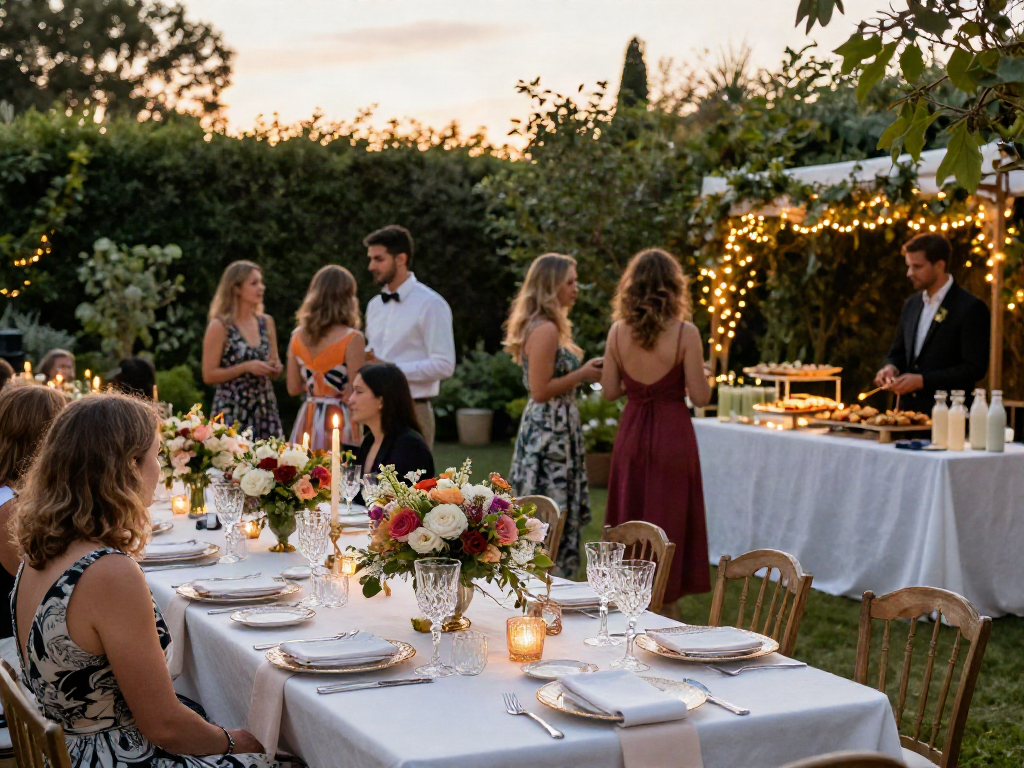 Event rental ksa outdoor setup with elegant tables and ambient lighting.